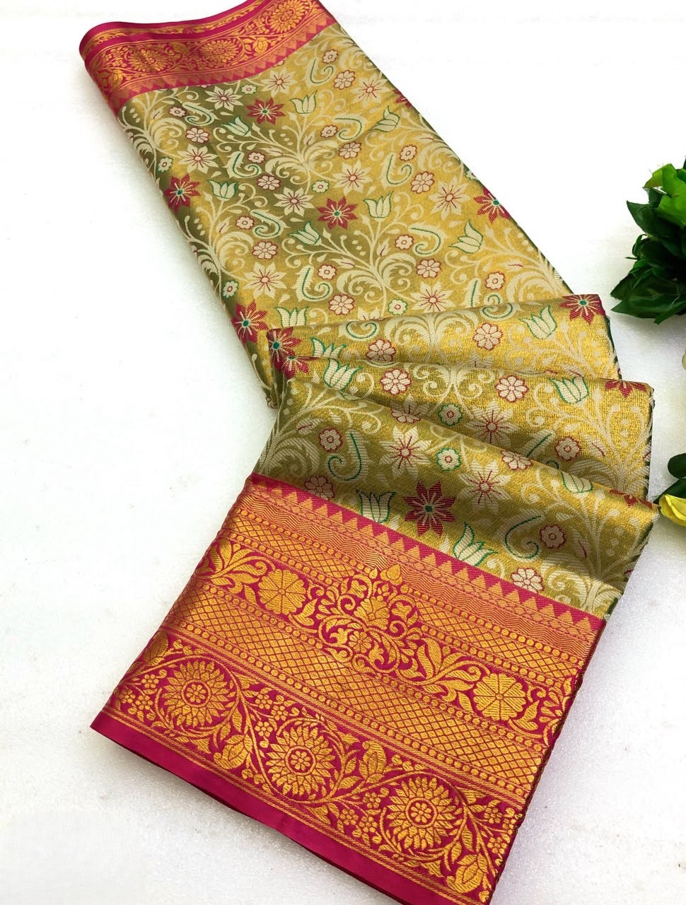 Golden Mustard Kanjivaram Zari Weaving Saree With Pink Contrast Border
